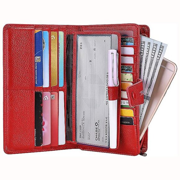 WOMENS Wallet, Large Capacity Genuine Leather Burgundy-Red - Picture 2 of 7